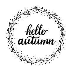 Autumn festival invitation. Hello autumn template lettering. For postcard or card, banner. Vector illustration.