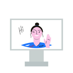 pretty girl smiles and greets with a gesture from the computer