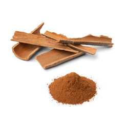 Dried Cinnamon bark and a heap of ground cinnamon powder isolated on white background  