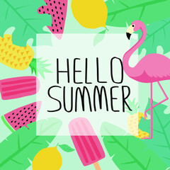 Hello Summer. Summer vector illustration, vacation poster set. flat and hand draw design.