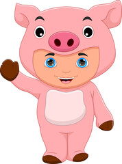 boy wearing pig costume waving