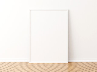 White vertical frame mockup on the wooden floor. 3d rendering.