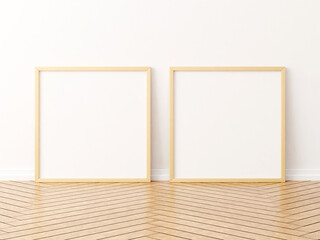 Two square wooden frame mockup on the wooden floor. 3d rendering.