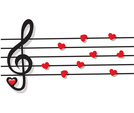 stave with heart notes and treble clef on white background 