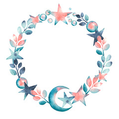 watercolor handpainted wreath of stars leaves moon and bubbles