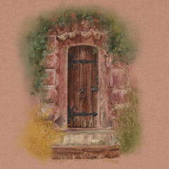 beautiful pastel drawing old vintage antique door wooden on textured backgrownd