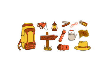 Camping and travel items set. Hand drawn style. Items are arranged in a circle. Hat, canned food, sleeping bag, knife, binoculars, sneakers. Vector illustration