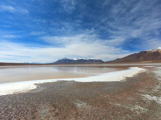 The coastline of a salt lake in the stone desert of Bolivia near the city of Uyuni. Eduardo Avaroa...