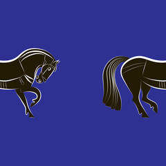 Two black and white horses. One stallion overtakes another stallion. Graceful elegant steeds. Saddled mustangs. Horse racing. Derby. Horseback riding. Stable, farm, equestrian competition design idea