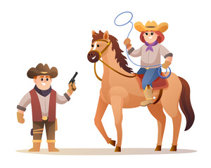 Cute cowboy holding gun and cowgirl holding lasso rope while riding horse characters. Wildlife western concept illustration