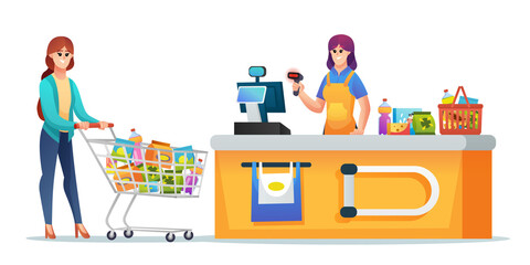 Cashier and customer with grocery trolley and basket at supermarket checkout counter illustration - obrazy, fototapety, plakaty