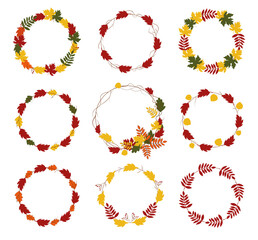 Hello Autumn wreath, round frame with colorful leaves set, berries on white backgrond. Good for poster, banner, greeting card, template, design. Hand drawn vector illustration. Warm colors.