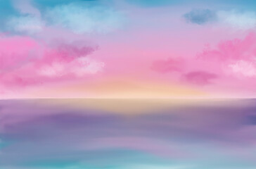Fototapeta na wymiar beautiful sunrise sky and sea background watercolor style illustration