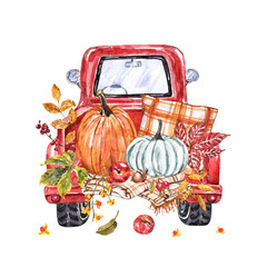 Fall red pickup truck with pumpkins, warm blanket, plaid pillow, apples, colorful leaves, isolated on white background. Watercolor autumn harvest illustration. © Anna Nekotangerine