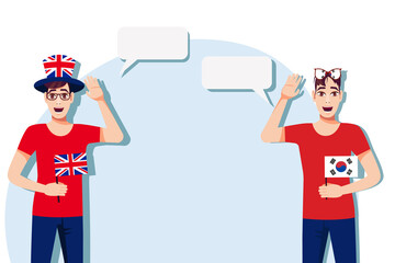 Men with British and South Korean flags. The concept of international communication, education, sports, travel, business. Dialogue between the United Kingdom and South Korea. Vector illustration.