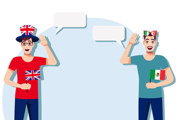 Men with British and Mexican flags. Background for the text. The concept of sports, political, education, travel and business relations between the United Kingdom and Mexico. Vector illustration.