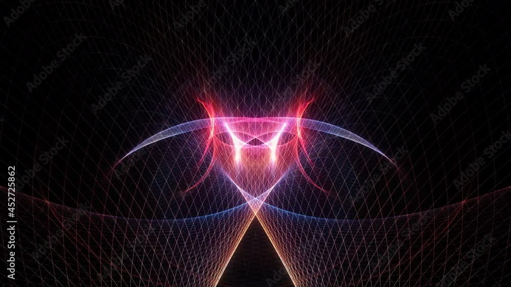 Poster abstract golw red blue wire mesh with center flare light space background, geometry surfaces wave li