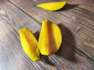 Slice of mango. Mango cutaway. Mango background. Ripe fresh mango.