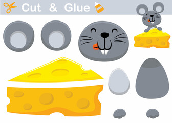 Happy mouse cartoon with big cheese. Education paper game for children. Cutout and gluing