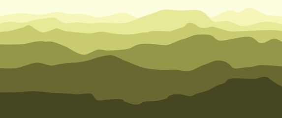 Minimalist vector landscape illustration of green mountain layers in the used for wallpaper, minimalist illustration, backdrop.