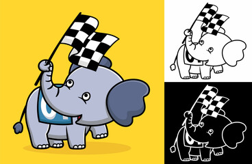 Cute elephant holding finish flag with its trunk. Vector cartoon illustration in flat icon style