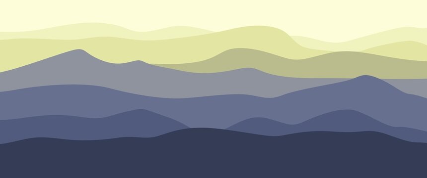 Minimalist vector landscape illustration of blue mountain layers in the morning used for wallpaper, minimalist illustration. © Izzul Khaq