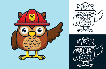 Funny owl wearing firefighter helmet. Vector cartoon illustration in flat icon style