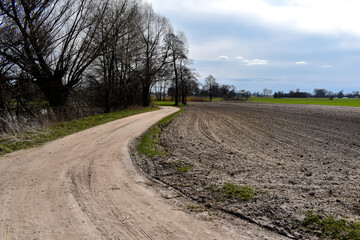 Wiejska, polna droga wśród zieleni i łąk.