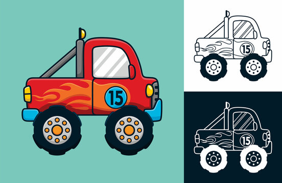 Monster truck with flame decoration. Vector cartoon illustration in flat icon style