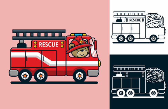 Funny Bear Wearing Fireman Helmet On Fire Engine. Vector Cartoon Illustration In Flat Icon Style