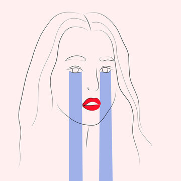 The Face Of A Crying Asian Girl In A Linear Style With Red Lips. Simple Vector Illustration. Stop AAPI Hate Concept