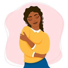 Dark skinned woman hugging herself. Self love concept, vector illustration in flat style.	
