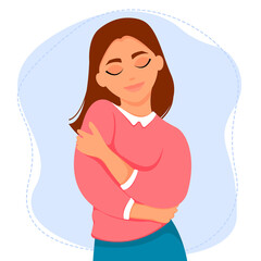 Woman hugging herself. Self love concept, vector illustration in flat style.	