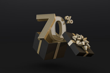 Black friday super sale with 70 percent gold number and black gift box and gold ribbon 3d render