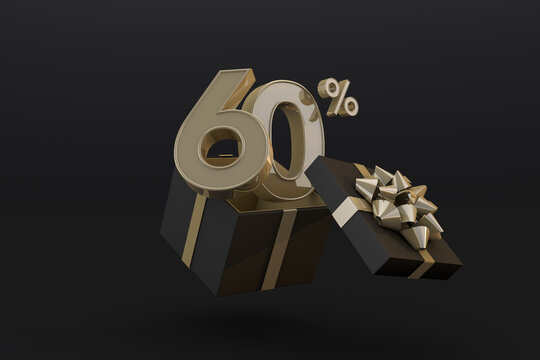 Black friday super sale with 60 percent gold number and black gift box and gold ribbon 3d render