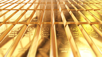 Gold bricks. Stack of gold bullion bars. Shallow DOF (3d illustration)