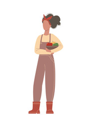 Stylish woman with a basket of apples in her hands. Cute cartoon girl in rubber boots and overalls isolated on a white background.