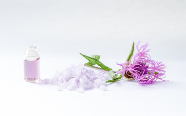 Liilac flower of greater knapweed (Centaurea scabiosa) in glass flask and scented bath salt. Natural ingridients use for spa, healthy cosmetics concept.