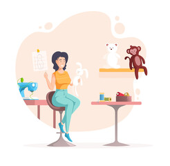 Creative woman sewing handmade childish toys at workshop. Happy female tailor enjoying hobby