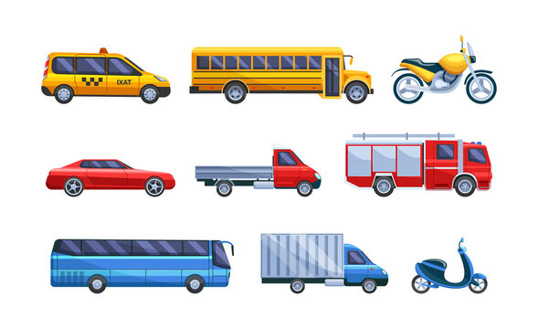 Urban transport set. City cars vehicles. Taxi, public school bus, intercity travel, cargo shipping