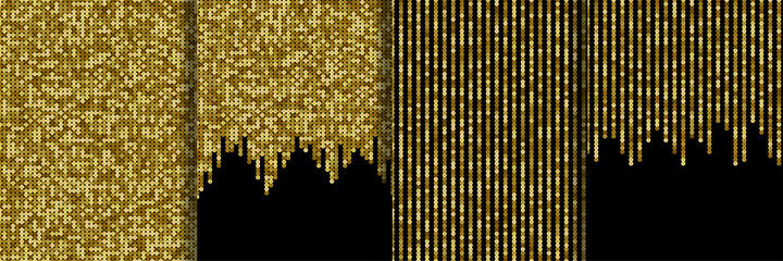 Gold Sequins Vector Seamless Patterns and Borders Set. Holiday Backgrounds