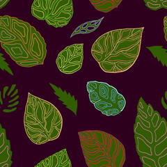 Autumn leaf outlines, seamless pattern. Blue, brown, gold, green, red, purple color scheme on dark background. Line art drawn texture, print. Vector