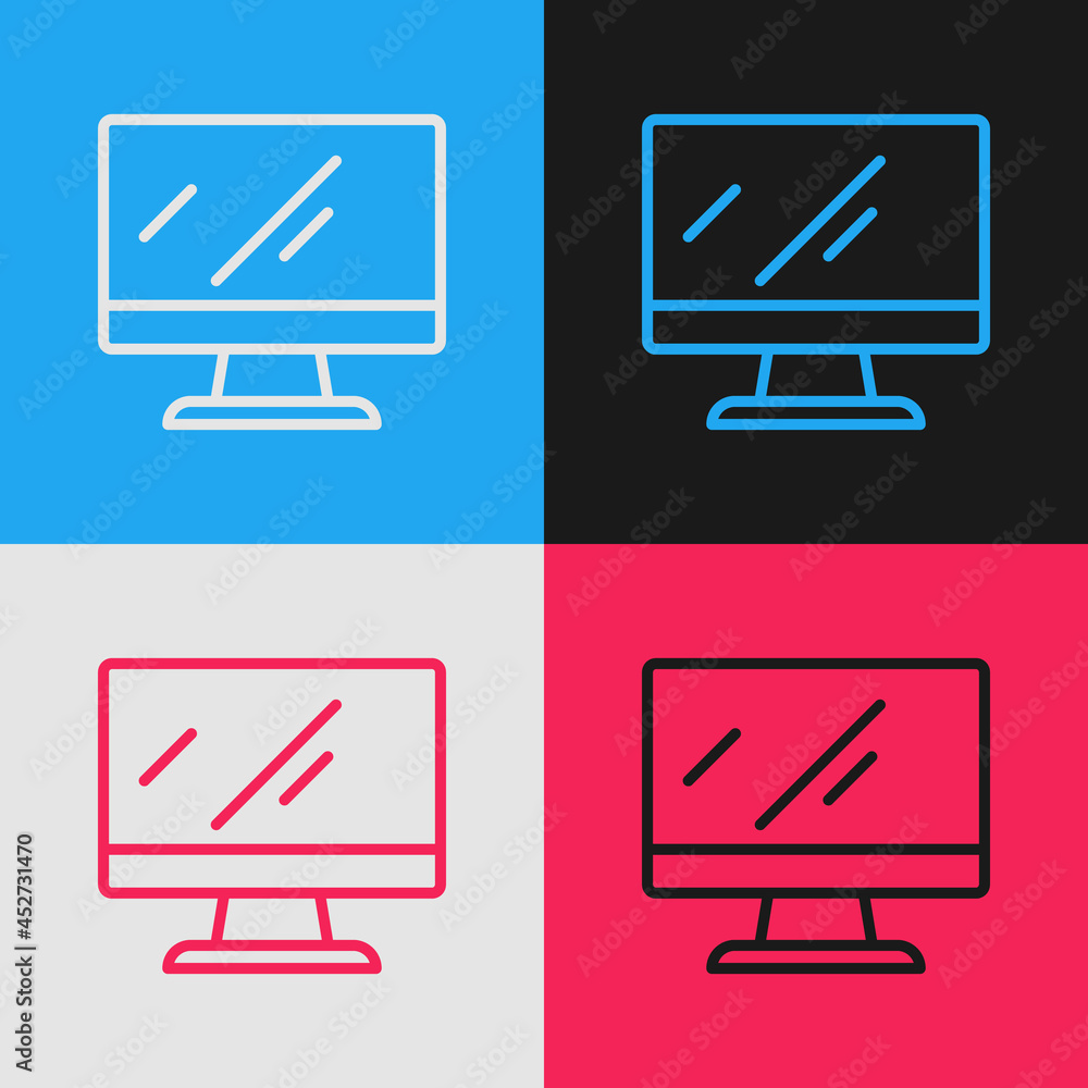 Poster pop art line computer monitor screen icon isolated on color background. electronic device. front vie