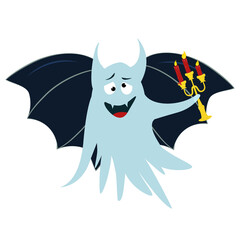 vector illustration of a funny ghost with wings and a candelabra in his hand isolated on a white background, halloween theme