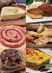 collage of various South African Favorite foods. milk tart, malva pudding, boerewors, rusks,...