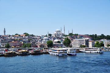 Fototapeta na wymiar Panorama of the seaport of Istanbul. Pleasure boats at the pier. 09 July 2021, Istanbul, Turkey.