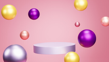 Podium or pedestal for products or advertising with spheres on pastel pink background, 3d render