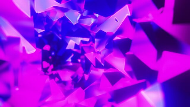 Abstract animated background of shiny crystals moving towards a meeting in blue and pink