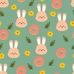 Seamless pattern with cute cartoon bunny and doughnut for fabric print, textile, gift wrapping paper. colorful vector for textile, flat style
