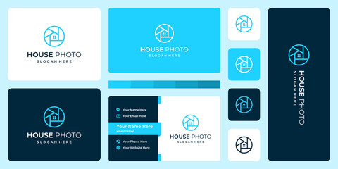 modern house with line model and camera lens. business card.
